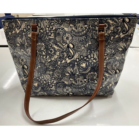 SAKROOTS Artist Circle Zip Closure Satchel Purse Navy White Floral Spirit Desert - Picture 1 of 12